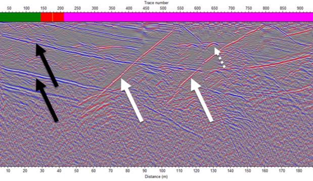 Borehole radar section with geology overlaid: methane-bearing structures (white arrows) cross-cutting the chromitite reefs (black arrows)
